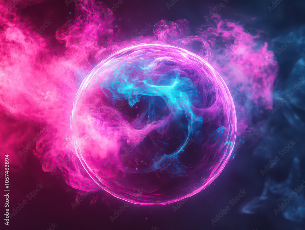 A glowing orb surrounded by pink and blue smoke. The orb is a symbol of energy and power. A glowing orb surrounded by pink and blue smoke. The orb is a symbol of energy and power.