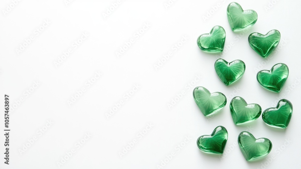 Green decorative glass hearts shaped as a shamrock resting on a white background Minimalist flat lay design for an Irish holiday card celebrating luck and spring Green decorative glass hearts shaped as a shamrock resting on a white background Minimalist flat lay design for an Irish holiday card celebrating luck and spring