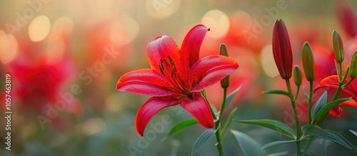 Red Lilly Flowers In Field Soft Focus