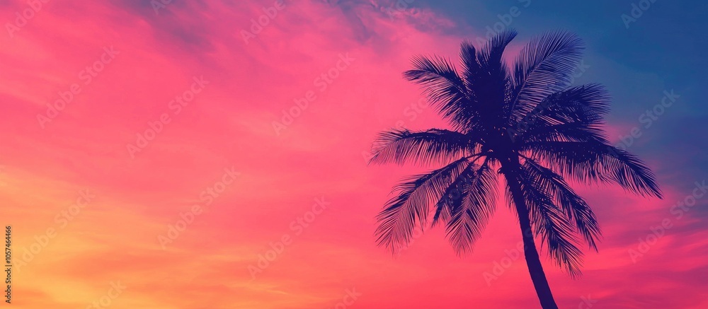 Tropicla Sunset With A Silhouette Of A Palm Tree Against The Sky Tropicla Sunset With A Silhouette Of A Palm Tree Against The Sky