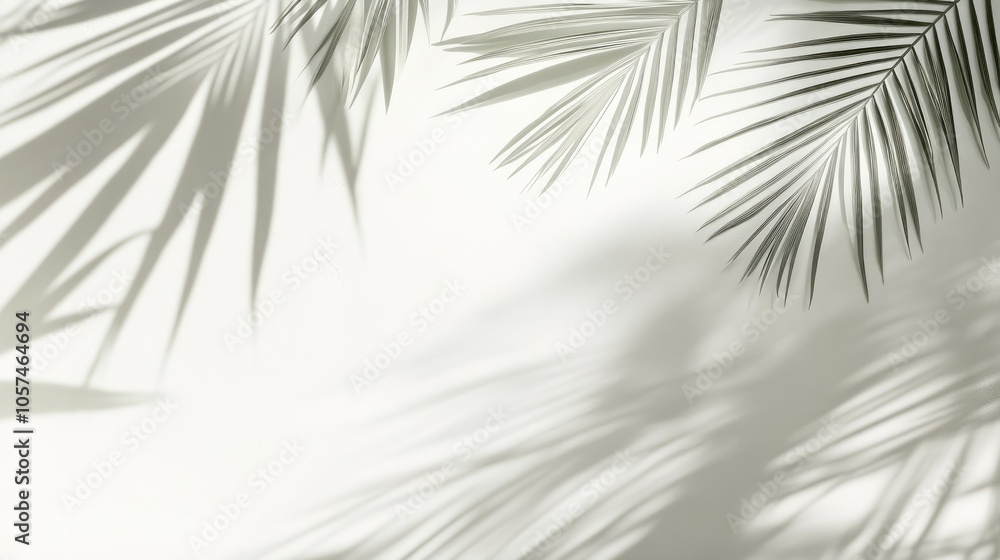 Fototapeta premium Abstract background featuring shadows of tropical palm leaves on a white wall perfect for summer vacation themes