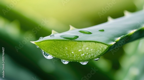 Fresh green aloe vera plant displaying droplets of water