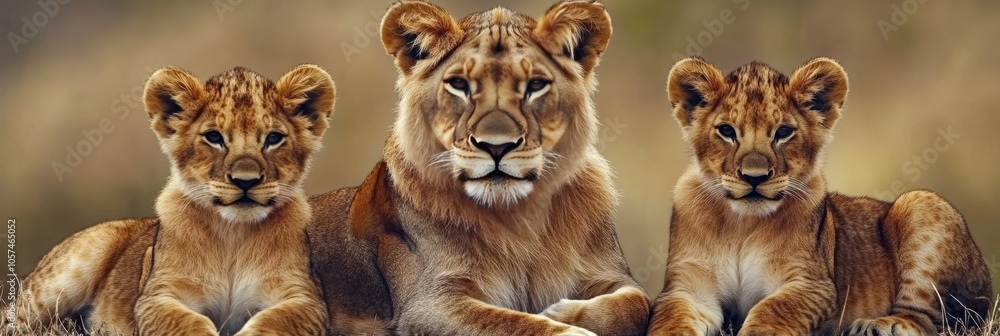Three Majestic Lions, a Mother With Her Two Cubs, Relaxing in the Warm Savanna Grassland. Three Majestic Lions, a Mother With Her Two Cubs, Relaxing in the Warm Savanna Grassland.