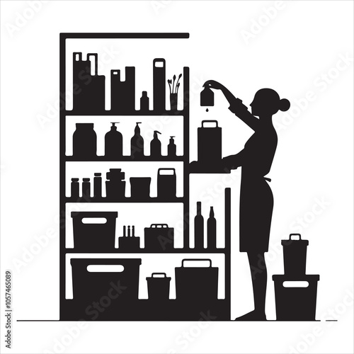 Black silhouette of a grocer weighing products on a white background