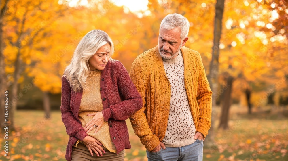 Fototapeta premium Senior couple walking in a park, woman touching her lower back in mild discomfort, outdoor autumn scene