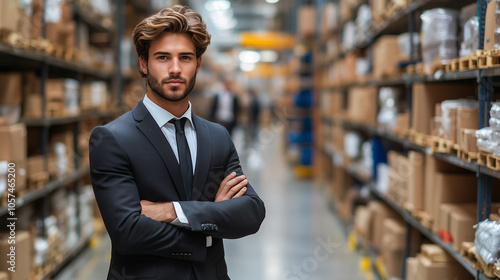 Confident Leader in Warehouse: A young, confident businessman stands with arms crossed in a modern warehouse, exuding authority and professionalism.