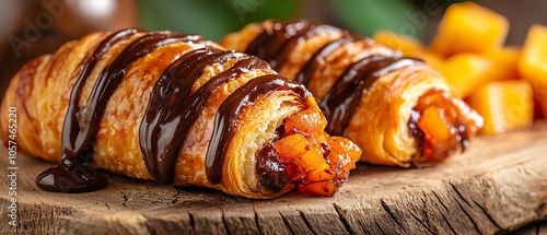 Indulge in the irresistible delight of chocolate-filled croissants with a gooey center a close-up delight for pastry lovers
