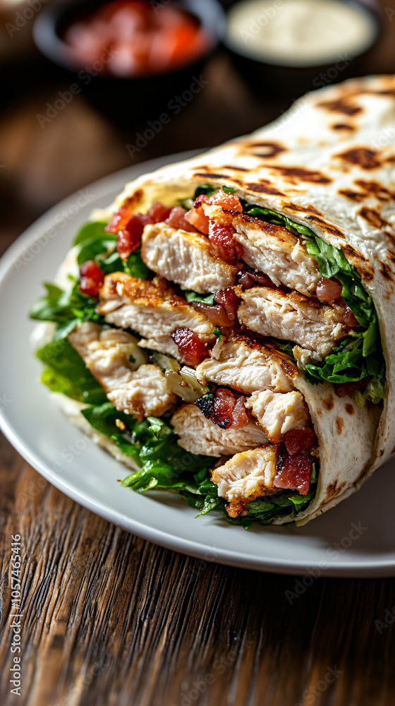 Halved grilled chicken blt wrap is displayed on a white plate Halved grilled chicken blt wrap is displayed on a white plate
