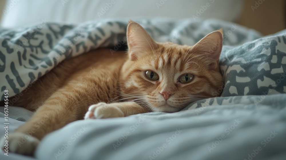 Cat resting on the bed while gazing at the camera Cat resting on the bed while gazing at the camera