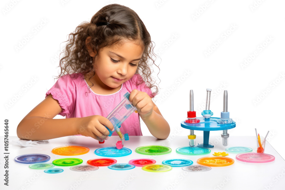Young girl using a magnifying glass to inspect a DIY science experiment isolated on white background Young girl using a magnifying glass to inspect a DIY science experiment isolated on white background
