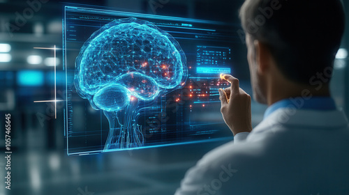 Innovative doctor interacting with holographic brain model, showcasing advanced technology in neuroscience. scene reflects futuristic medical environment