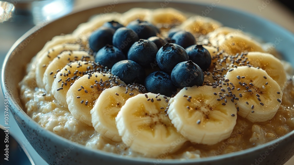 A bowl of oatmeal topped with sliced bananas, blueberries, and chia seeds. A bowl of oatmeal topped with sliced bananas, blueberries, and chia seeds.