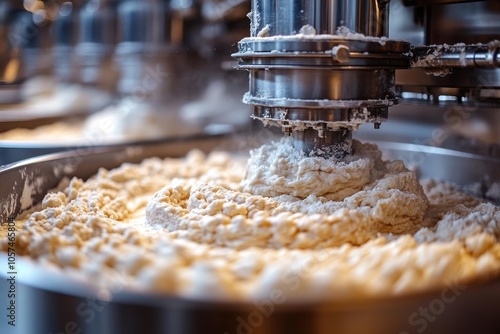 Mixing process in a food production facility, creating a creamy, textured mixture.