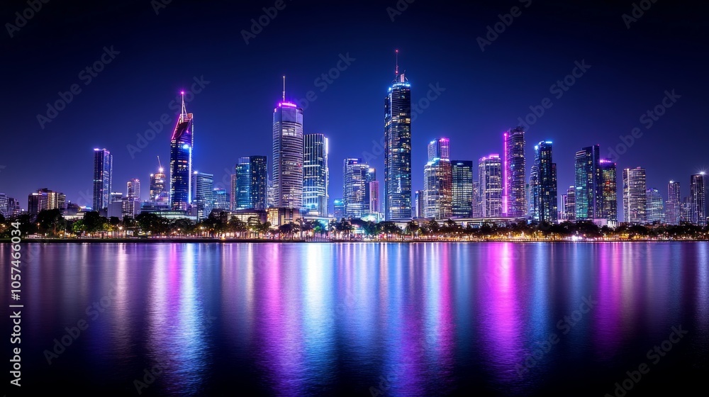 Obraz premium Night cityscape with illuminated skyscrapers and reflections in water