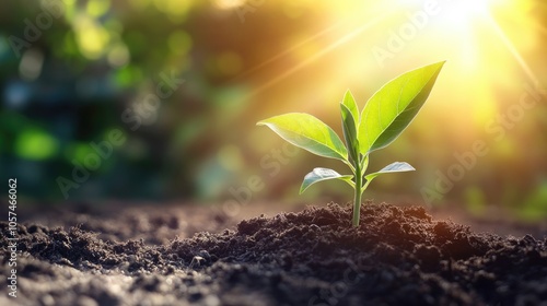 Young plant emerging in soil with soft morning light in the background Represents growth green nature and ecological harmony