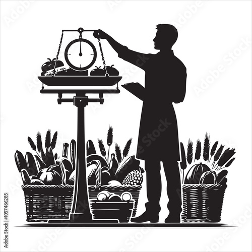 Black silhouette of a grocer weighing products on a white background