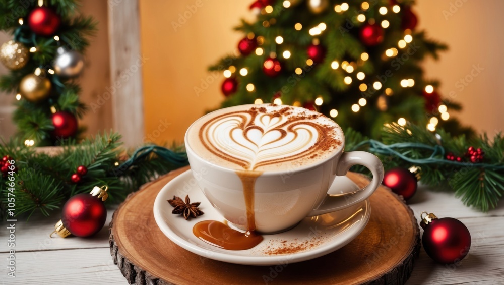 Cappuccino on a table with holiday lights and a Christmas tree in the background. Cappuccino on a table with holiday lights and a Christmas tree in the background.