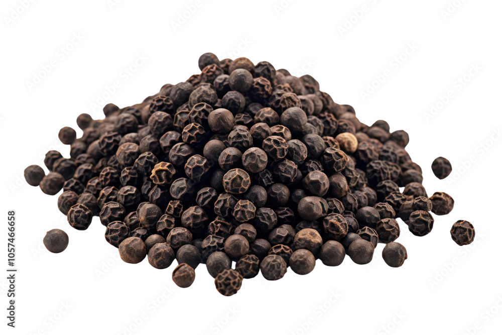 Whole black peppercorns arranged in a neat pile on a white background Whole black peppercorns arranged in a neat pile on a white background