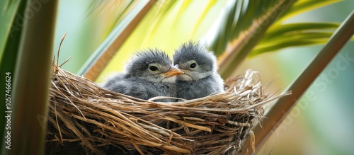 Small Baby Birds Gray Black Skin No Feather And Eyes Closed Placed In The Bird S Nest That Weave From Dry Grass The Nest Is Built On A Brown Palm Tree With Green Leaves photo