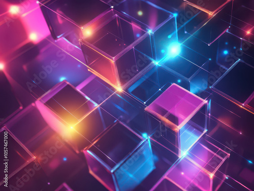 Abstract neon glowing cubes, glowing in a vibrant spectrum of colors.