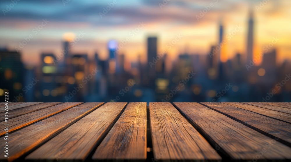 Wooden table in focus with a blurred city skyline in the background perfect for showcasing products High quality image Wooden table in focus with a blurred city skyline in the background perfect for showcasing products High quality image
