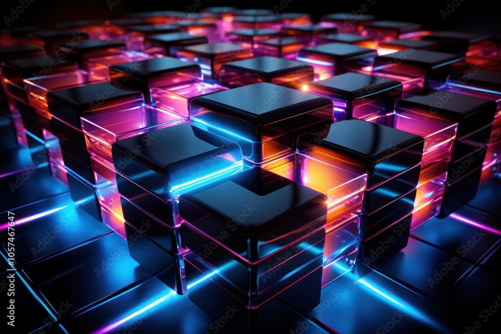 A vibrant arrangement of glowing cubes in a futuristic digital environment. A vibrant arrangement of glowing cubes in a futuristic digital environment.
