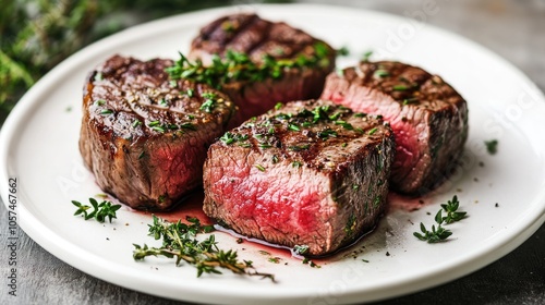 Succulent beef steak presented on a white plate adorned with herbs highlighting its tender pink center