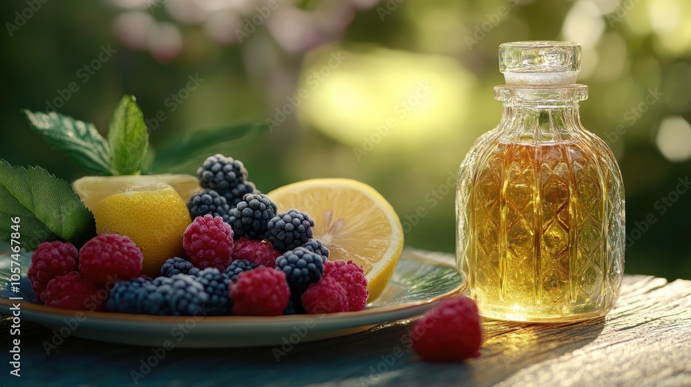 Fresh berries and lemon arranged on a plate beside a glass bottle filled with golden liquid on a sunlit table Fresh berries and lemon arranged on a plate beside a glass bottle filled with golden liquid on a sunlit table