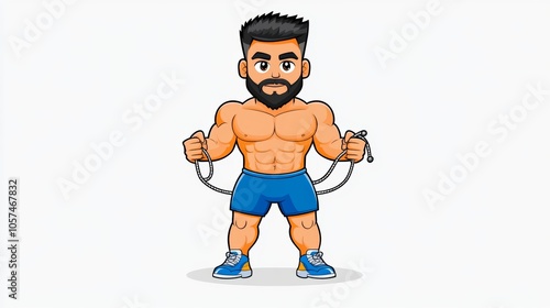 Muscular Man with Beard Holding Jump Rope Fitness Cartoon Character Illustration