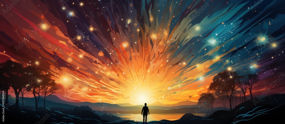 A silhouetted figure stands before a vibrant, star-filled sky at sunrise, evoking wonder. A silhouetted figure stands before a vibrant, star-filled sky at sunrise, evoking wonder.