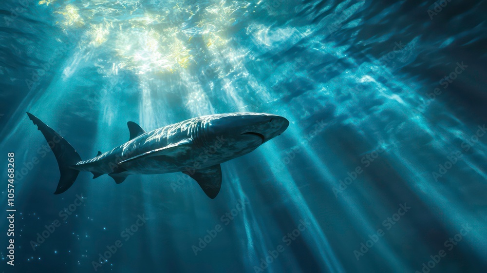 Fototapeta premium Underwater bronze whaler shark swimming with light rays