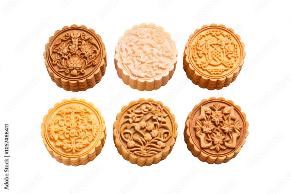 Traditional mooncakes with intricate floral patterns on their golden crust, isolated on white background Traditional mooncakes with intricate floral patterns on their golden crust, isolated on white background