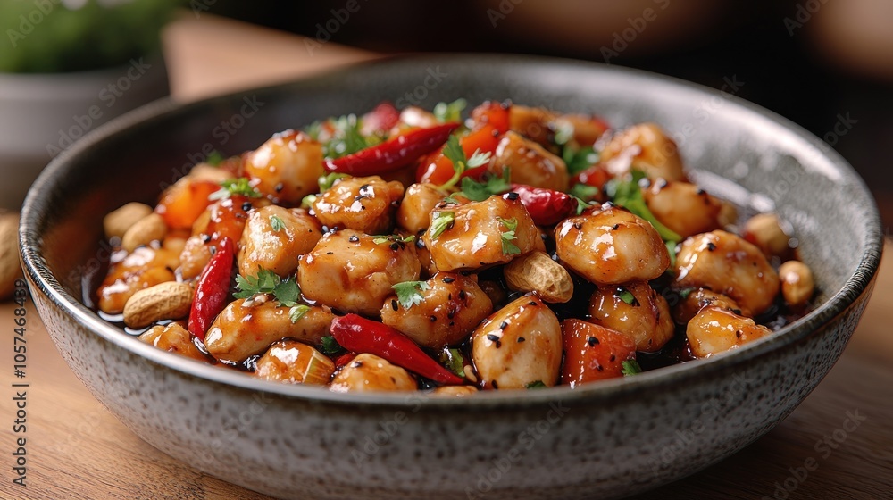 A bowl of chicken stir-fry with vegetables and spices, garnished with herbs. A bowl of chicken stir-fry with vegetables and spices, garnished with herbs.