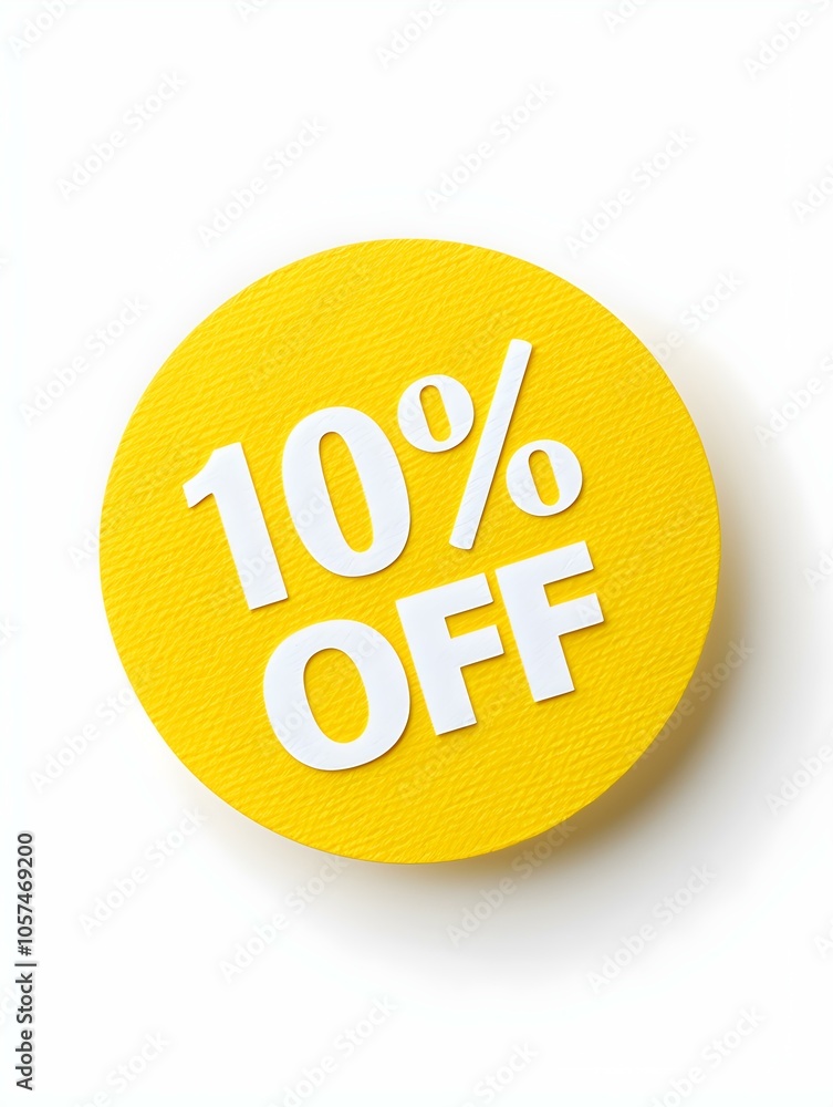 White '10% OFF' Text on a Yellow Round Paper Note. White Background White '10% OFF' Text on a Yellow Round Paper Note. White Background