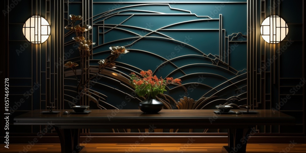 A Minimalist Interior Design with a Dark Teal Wall Decorated with a Gold Geometric Pattern and an Arrangement of Bright Orange Flowers in a Black Vase A Minimalist Interior Design with a Dark Teal Wall Decorated with a Gold Geometric Pattern and an Arrangement of Bright Orange Flowers in a Black Vase