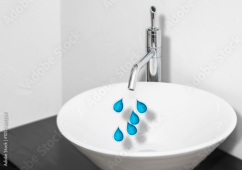 Germany, North Rhine Westphalia, Water drop falling from tap photo