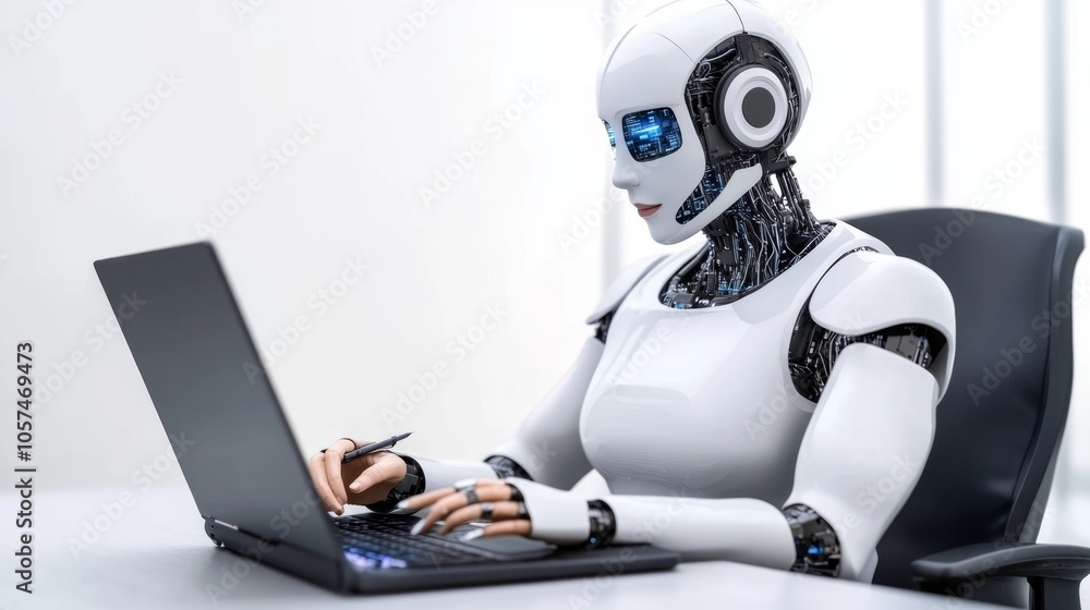 Futuristic White Robot Working on Laptop in Office Futuristic White Robot Working on Laptop in Office