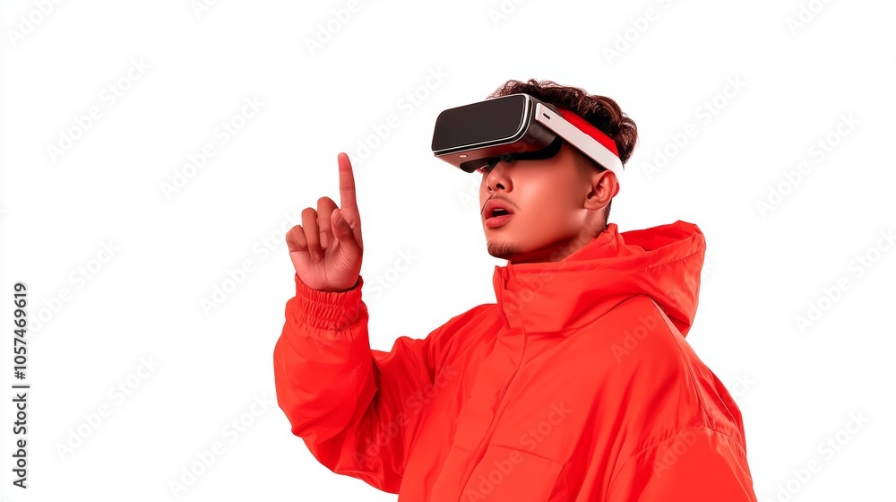 Man in Red Jacket Using VR Headset Virtual Reality Experience Technology Future Man in Red Jacket Using VR Headset Virtual Reality Experience Technology Future