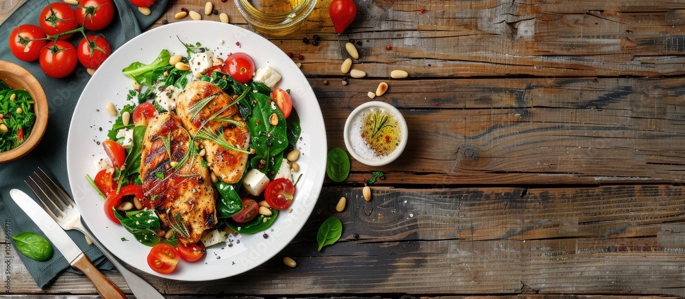 Low Calories Grilled Chicken Breast Spinach Tomato Salad With Creamy Soft Brie Cheese And Pine Nuts On White Plate On Wooden Table With Ingredients On Background View From Above Low Calories Grilled Chicken Breast Spinach Tomato Salad With Creamy Soft Brie Cheese And Pine Nuts On White Plate On Wooden Table With Ingredients On Background View From Above