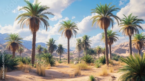 Desert landscape featuring palm trees in a warm arid environment