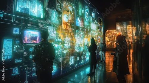 A high-tech art museum where visitors can interact with digital exhibits by touching holographic controls that change the display, lighting, or artwork. The interactive setup gives viewers control 