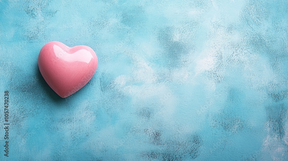 Valentine s Day backdrop featuring a pink heart set against a blue background Flat lay design with ample space for text Valentine s Day backdrop featuring a pink heart set against a blue background Flat lay design with ample space for text