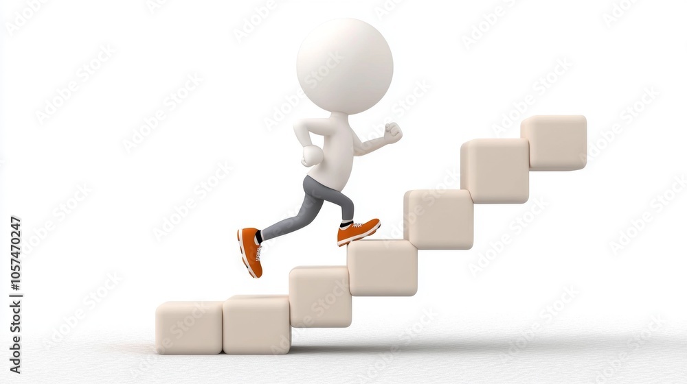 3D White Person Running Up Stairs Success Growth Motivation Goal Achievement 3D White Person Running Up Stairs Success Growth Motivation Goal Achievement