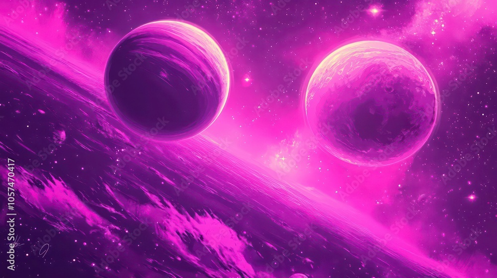 A cosmic scene featuring two planets amidst a purple nebula and starry background. A cosmic scene featuring two planets amidst a purple nebula and starry background.