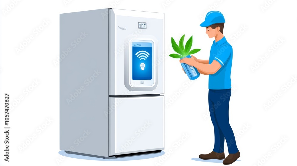 Smart Refrigerator with Wireless Control and Plant Illustration Smart Refrigerator with Wireless Control and Plant Illustration