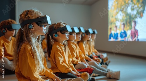 A multilingual classroom where students use real-time translation earbuds, enabling seamless conversation and learning across languages. The advanced tech fosters global communication and collaboratio