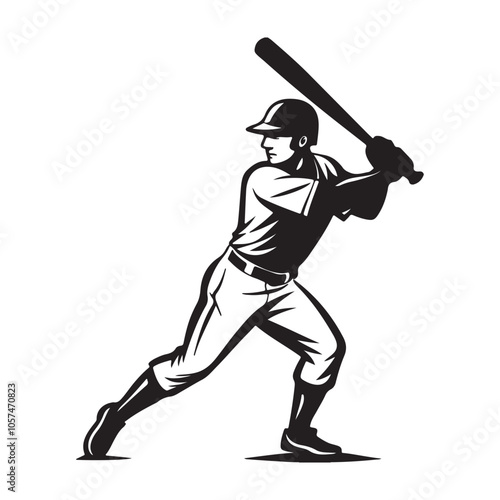 Silhouette of a Baseball Player Mid Swinging Bat.  A bold silhouette of a baseball player in action, captured mid-swing with a bat. Perfect for sports, athletics, and competitive spirit themes.
