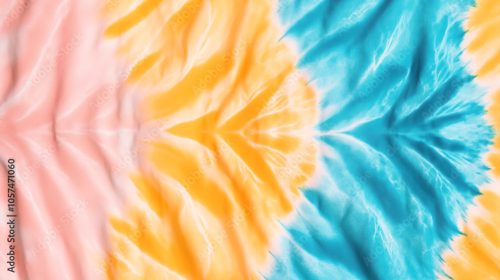 Abstract tie-dye pattern with vibrant orange, blue, and pink colors, featuring fluid and radial design elements on fabric. Abstract tie-dye pattern with vibrant orange, blue, and pink colors, featuring fluid and radial design elements on fabric.