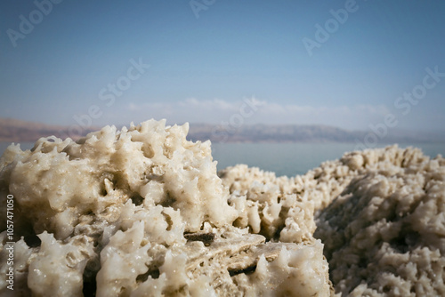 Israel, Dead Sea, salt crystals at lakeshore