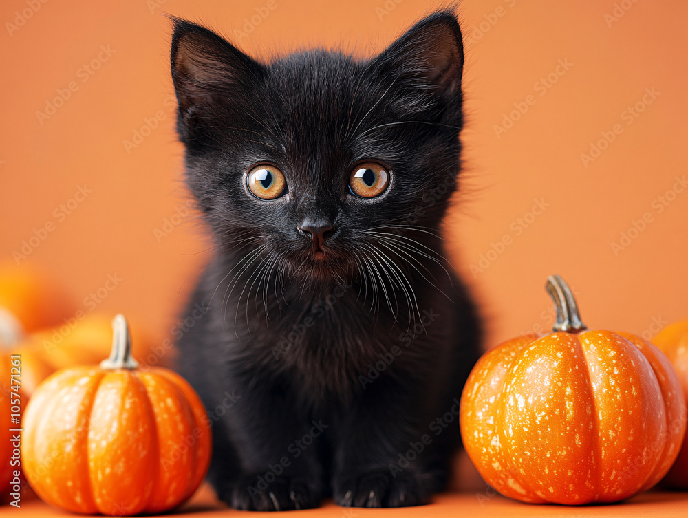 A small black kitten sits on a pumpkin, surrounded by more pumpkins. A small black kitten sits on a pumpkin, surrounded by more pumpkins.